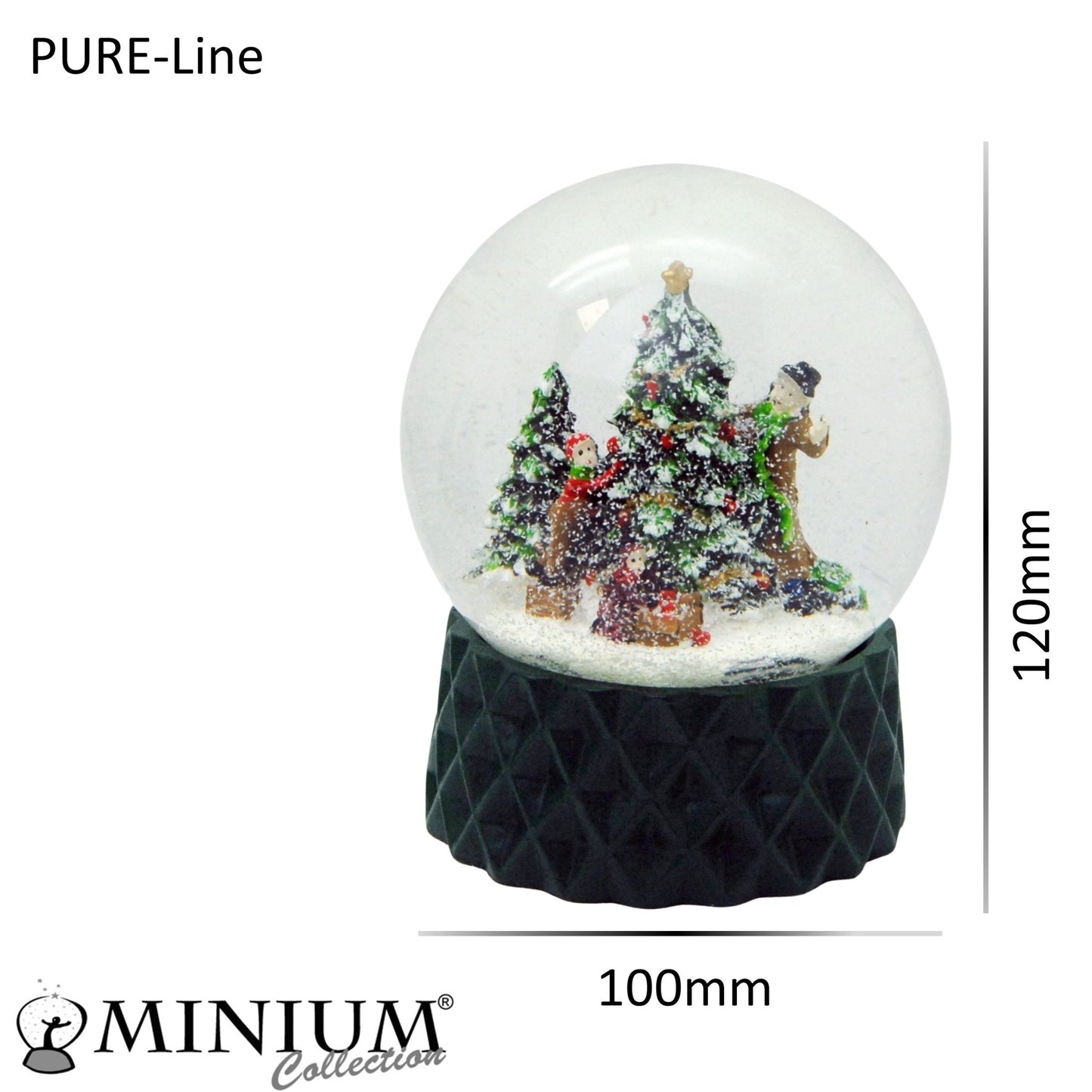 Schneekugel Weihnachtsbaum schmücken auf Sockel dunkelgrün kubisch "PURE-Line" 10 cm Durchmesser - Schneekugelhaus