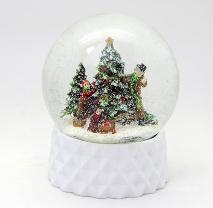 Schneekugel Weihnachtsbaum schmücken auf Sockel weiß kubisch "PURE-Line" 10 cm Durchmesser - Schneekugelhaus