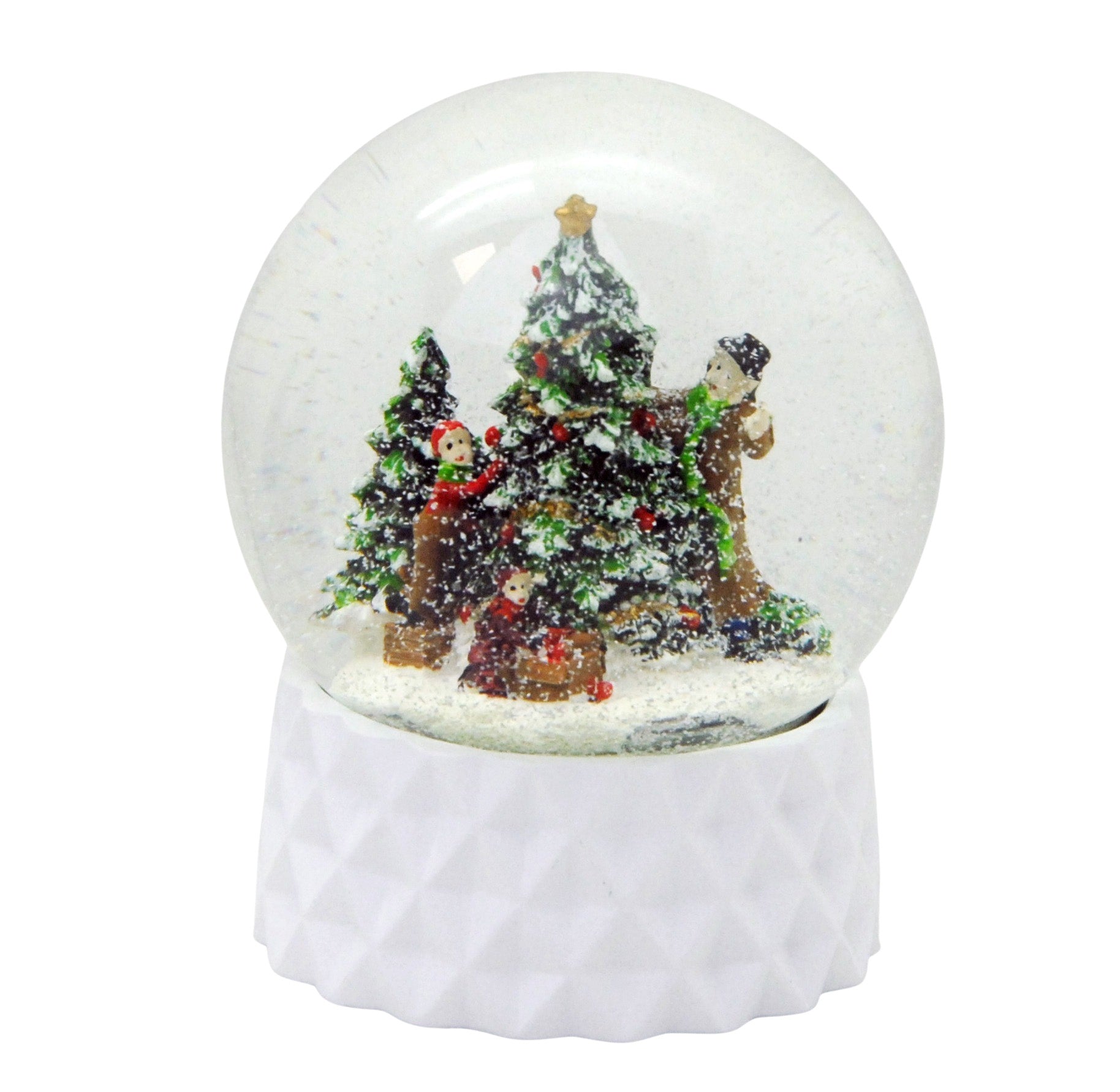 Schneekugel Weihnachtsbaum schmücken auf Sockel weiß kubisch "PURE-Line" 10 cm Durchmesser - Schneekugelhaus