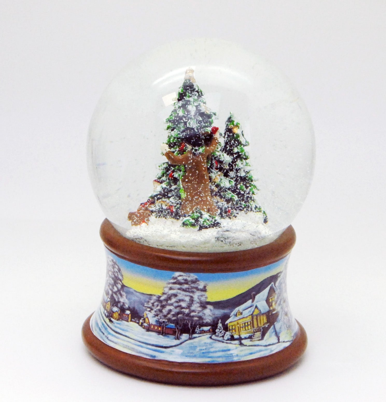 Schneekugel Weihnachtsbaum schmücken auf Sockel Winterlandschaft braun mit Spieluhr - Schneekugelhaus