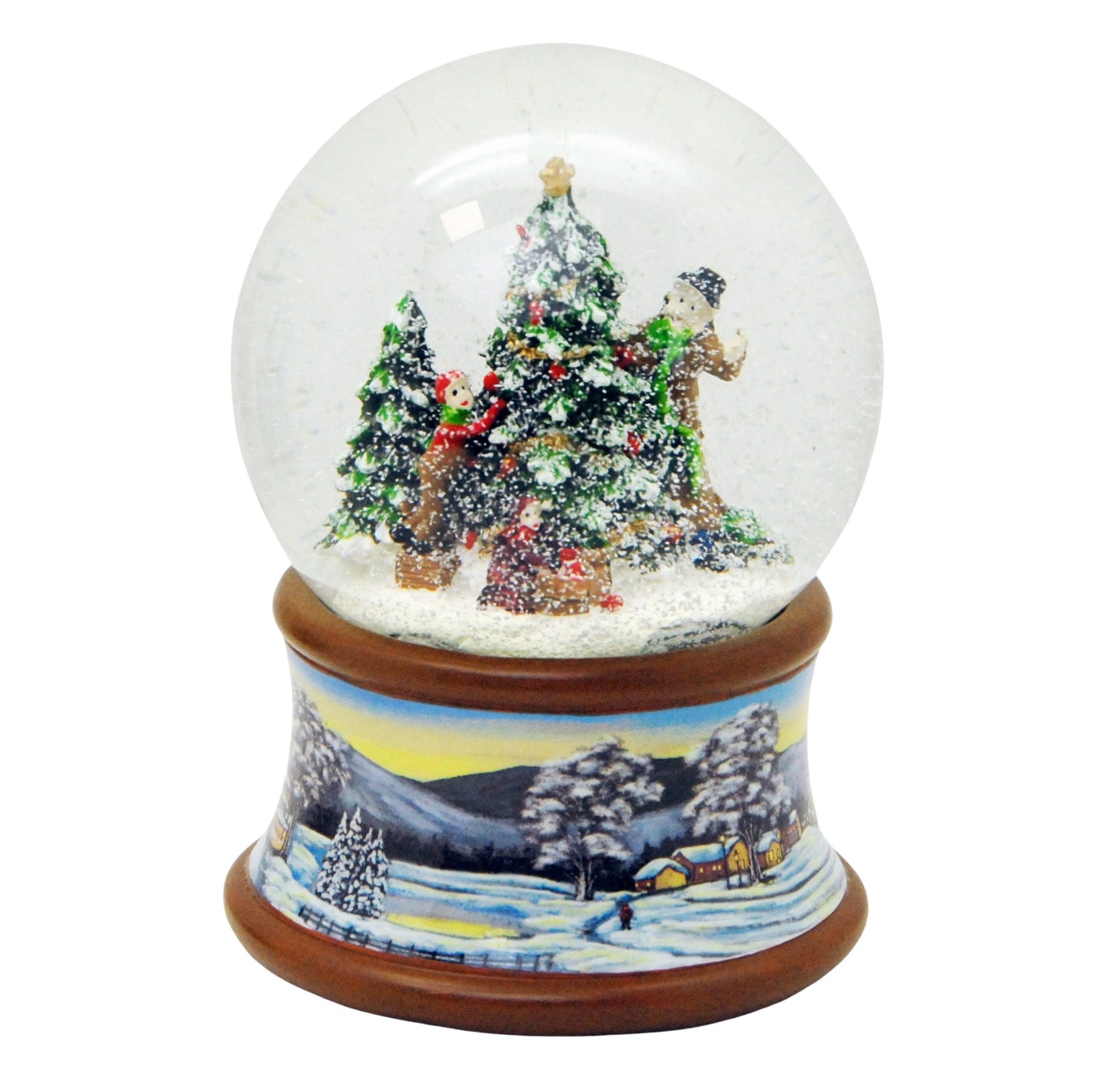 Schneekugel Weihnachtsbaum schmücken auf Sockel Winterlandschaft braun mit Spieluhr - Schneekugelhaus