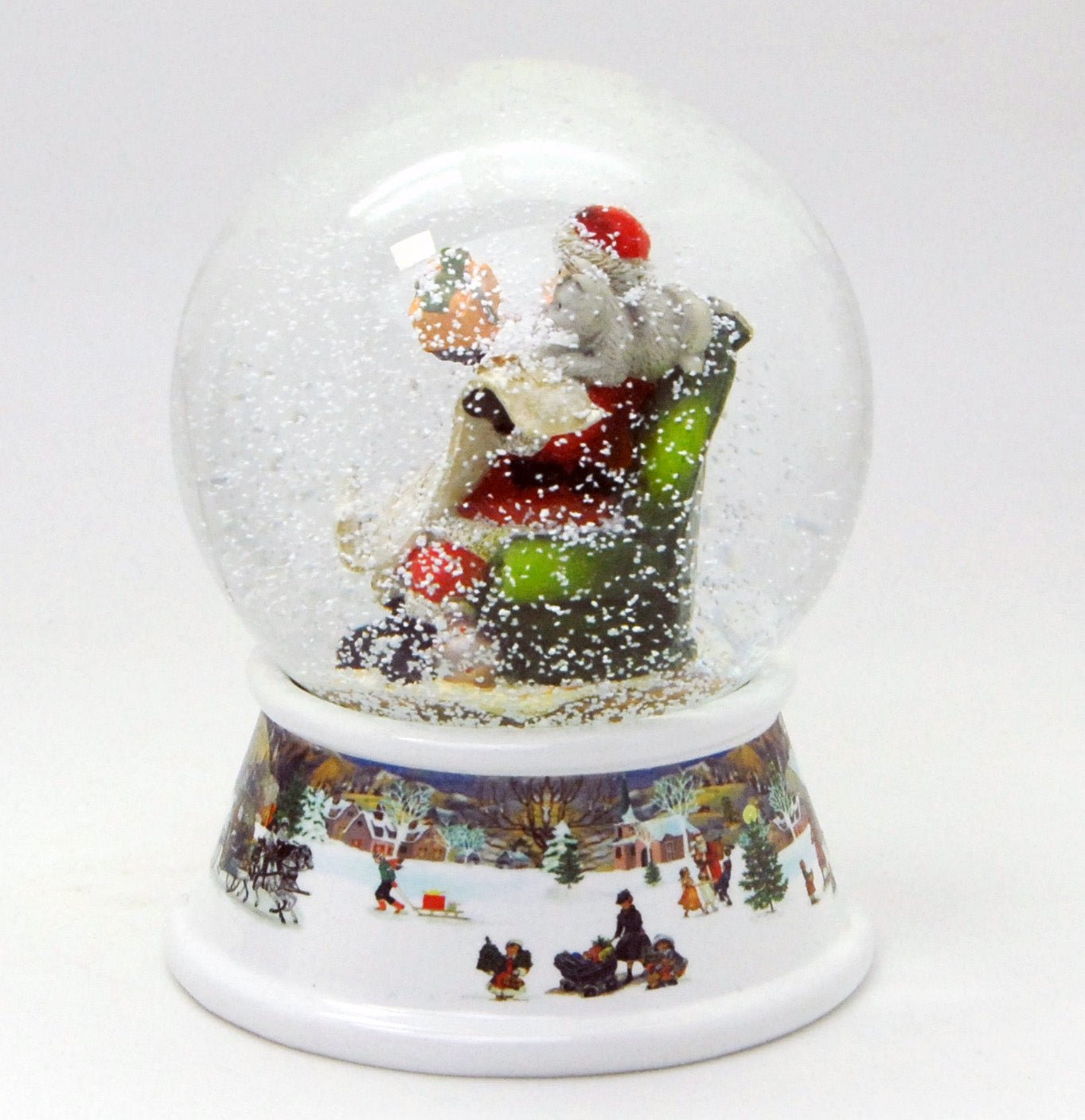 Schneekugel Weihnachtsmann mit Geschenkeliste auf Sockel nostalgische Schneelandschaft mit Spieluhr - Schneekugelhaus
