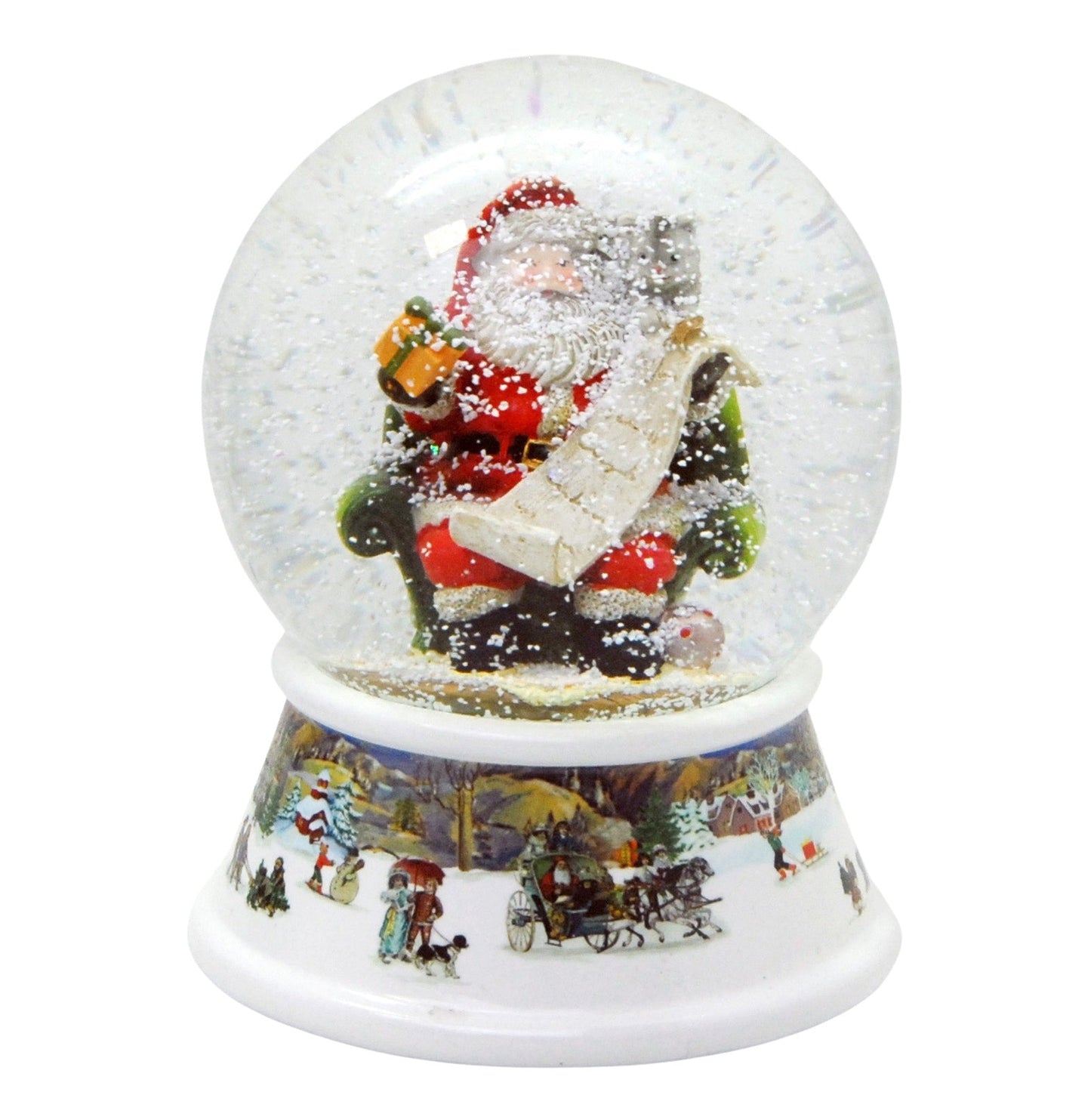 Schneekugel Weihnachtsmann mit Geschenkeliste auf Sockel nostalgische Schneelandschaft mit Spieluhr - Schneekugelhaus