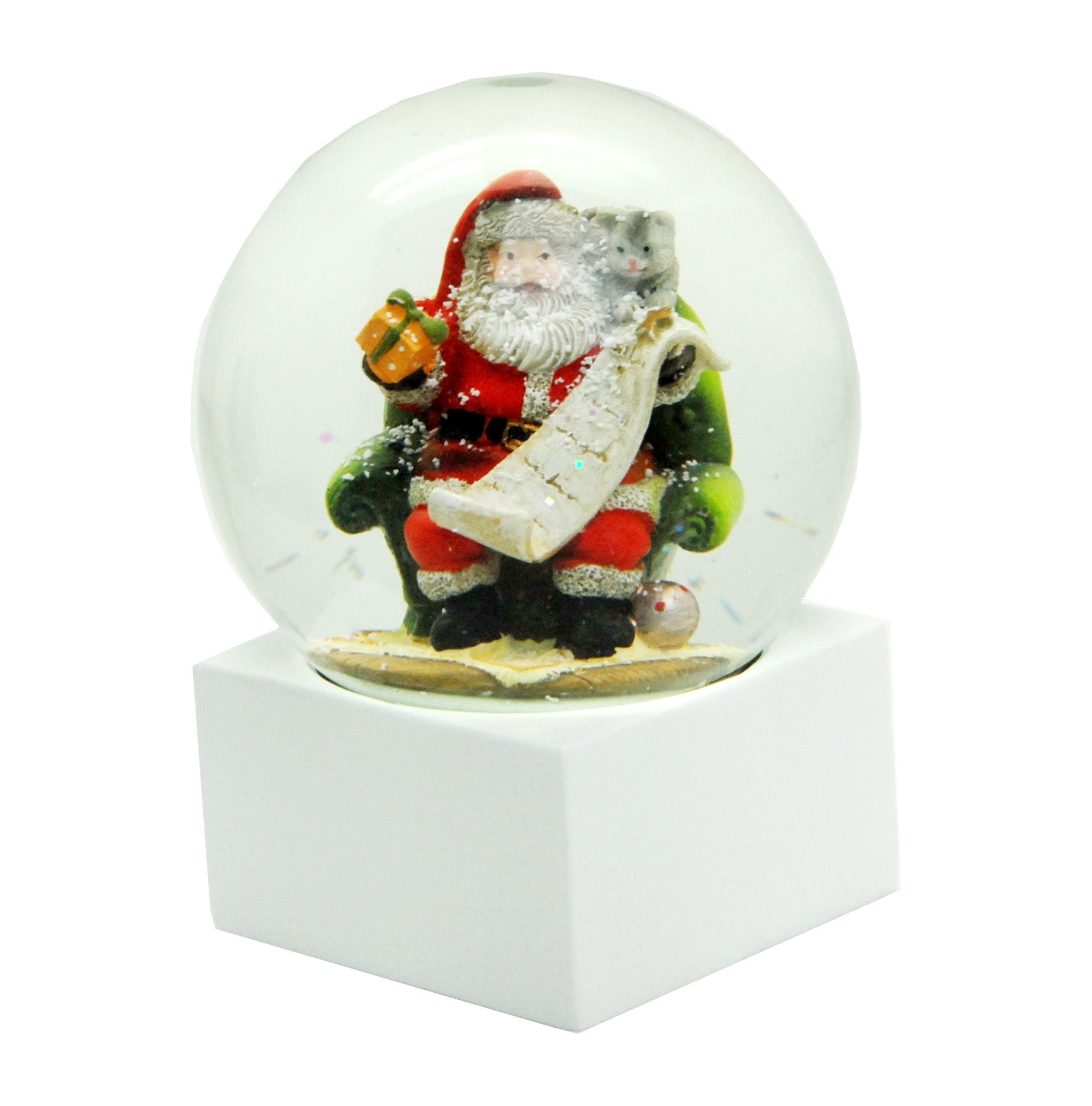 Schneekugel Weihnachtsmann mit Geschenkeliste auf Sockel weiß eckig "PURE-Line" 10 cm Durchmesser - Schneekugelhaus