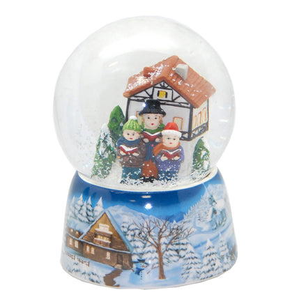 Schneekugel Weihnachtssinger vor Fachwerkhaus auf Sockel Winterlandschaft mit Spieluhr - Schneekugelhaus
