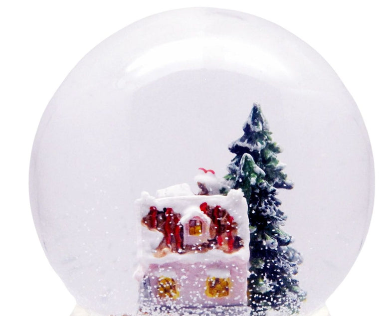 Schneekugel Zuckerbäckerhaus auf Silber Sockel mit Spieluhr We wish you a merry Christmas 10 cm Durchmesser - Schneekugelhaus