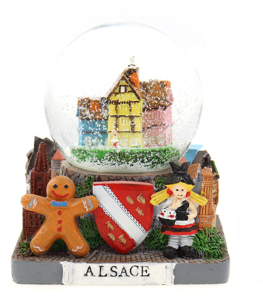 Souvenir Schneekugel Elsass mit Fachwerkhäusern und Strasburg, Colmar, Riquewihr, Obernai und Kaysersberg. - Schneekugelhaus