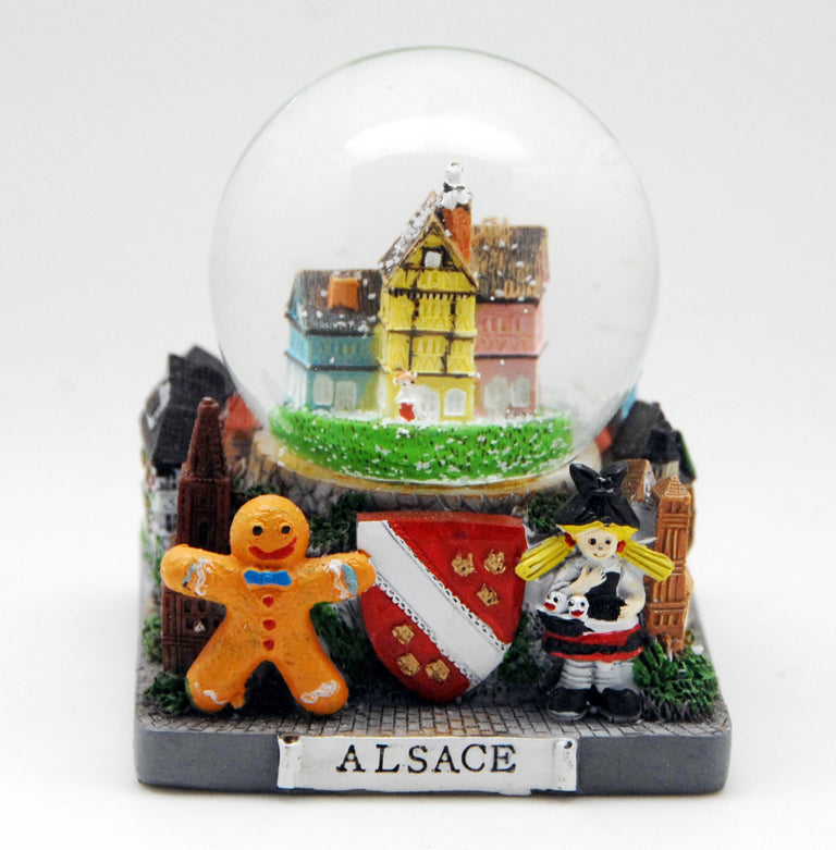 Souvenir Schneekugel Elsass mit Fachwerkhäusern und Strasburg, Colmar, Riquewihr, Obernai und Kaysersberg. - Schneekugelhaus