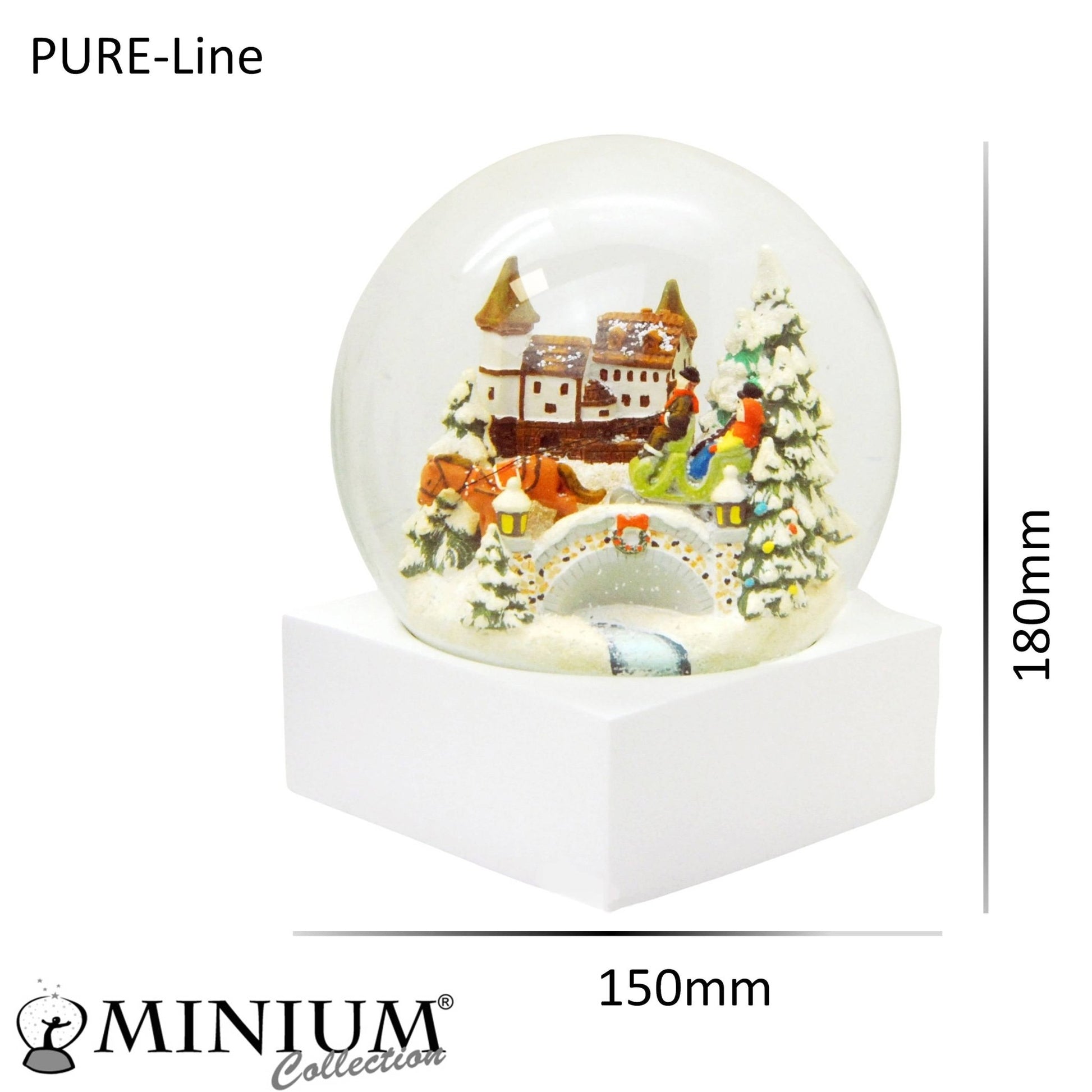 Stylische Schneekugel Megaformat Kutschfahrt über die Brücke Sockel weiß eck PURE-Line - Schneekugelhaus