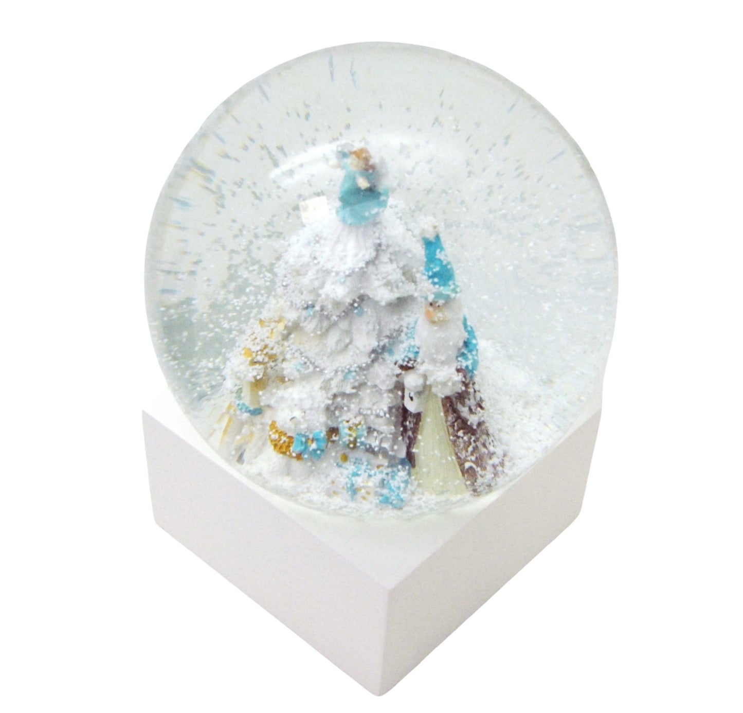 Stylische Schneekugel Weihnachtsmann Christbaum weiß blau türkis Sockel weiß eck PURE-Line - Schneekugelhaus