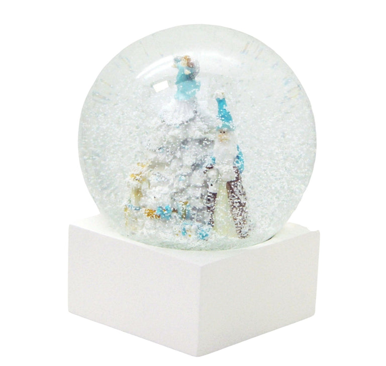 Stylische Schneekugel Weihnachtsmann Christbaum weiß blau türkis Sockel weiß eck PURE-Line - Schneekugelhaus
