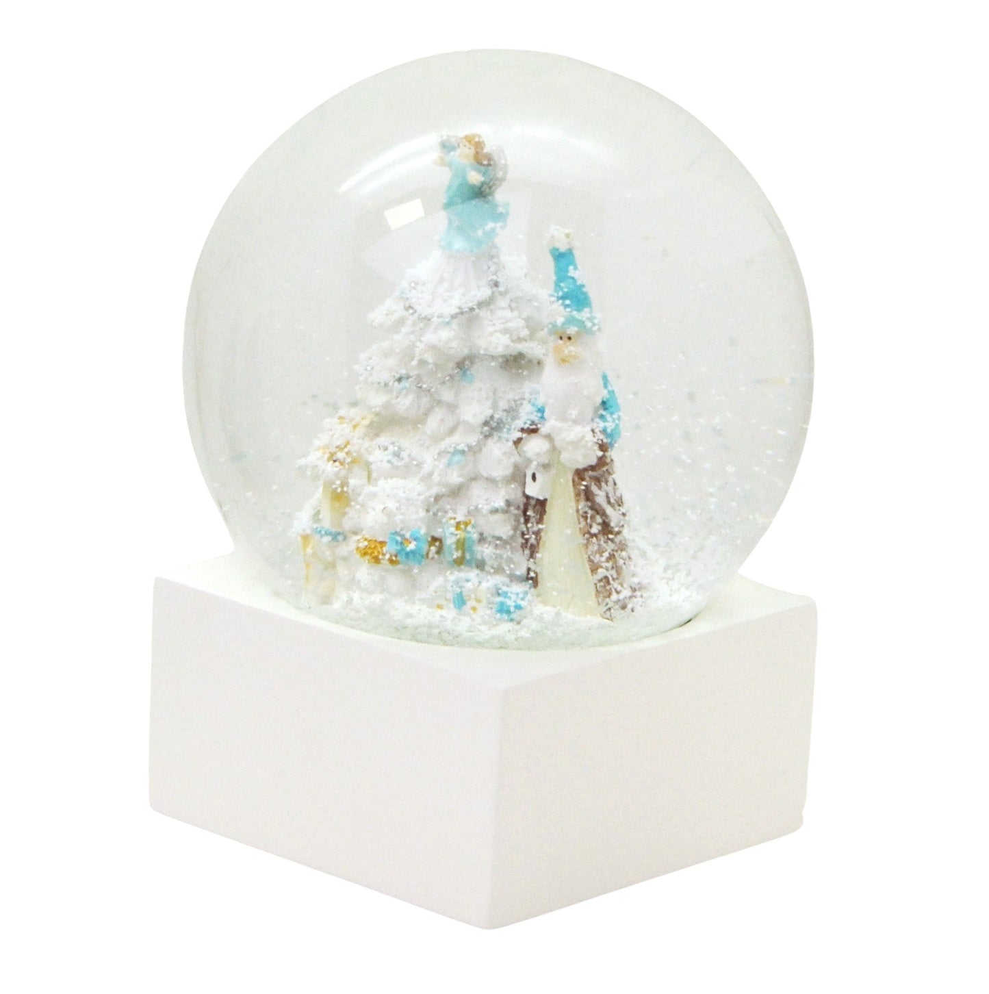Stylische Schneekugel Weihnachtsmann Christbaum weiß blau türkis Sockel weiß eck PURE-Line - Schneekugelhaus