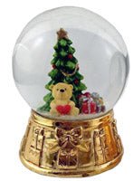 Süße Mini-Schneekugeln Weihnachtsbaum mit Bärchen auf goldenem Sockel - Luftblase - Schneekugelhaus