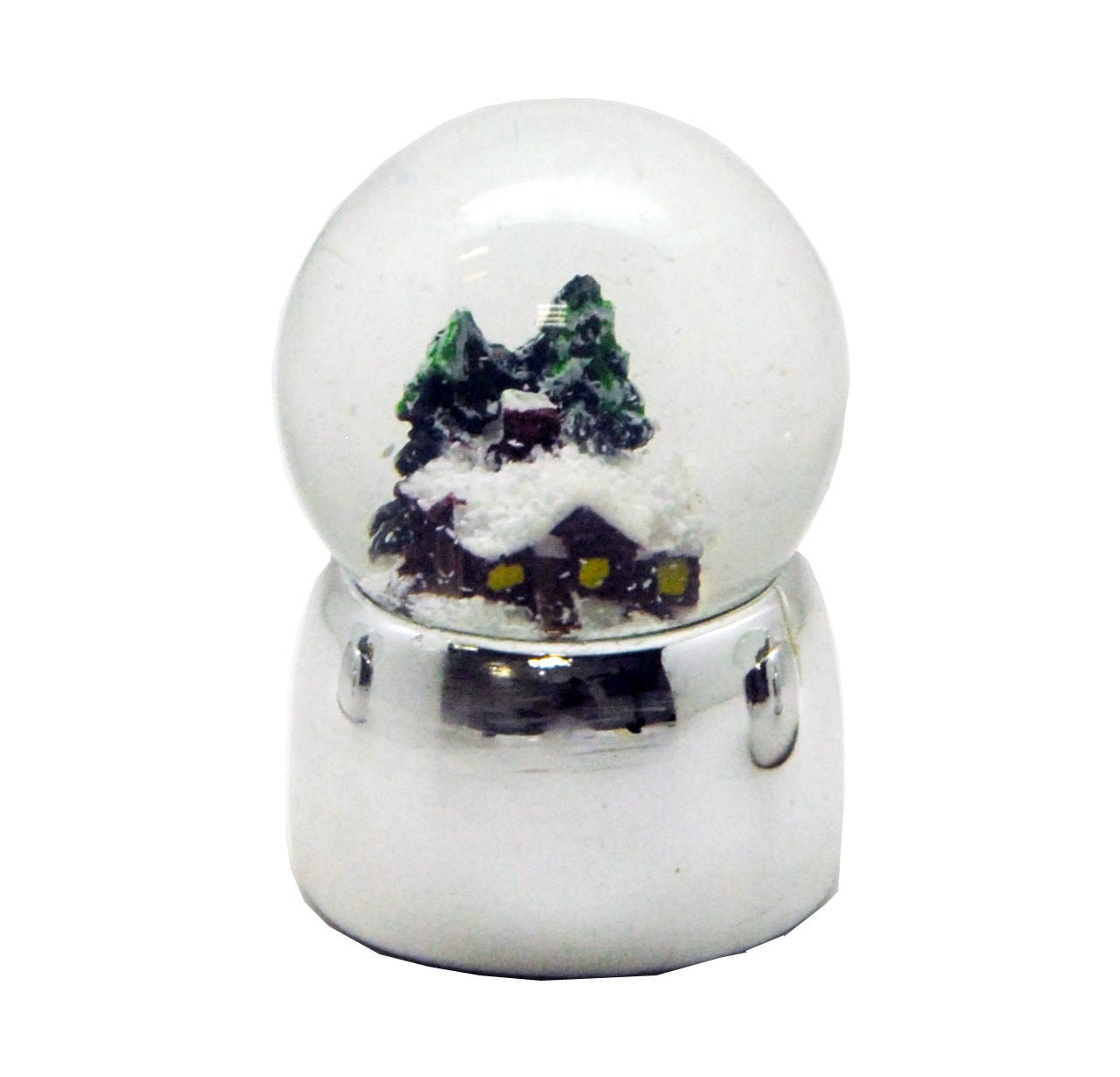 Süße Mini-Schneekugeln Winterhütte auf Silber-Sockel gerade glänzend - Schneekugelhaus