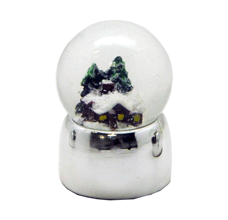 Süße Mini-Schneekugeln Winterhütte auf Silber-Sockel gerade glänzend - Luftblase - Schneekugelhaus