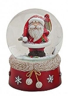 Süße Schneekugel Weihnachtsmann mit Geschenk hinten mit Pelzkragen-Sockel 65mm - Schneekugelhaus